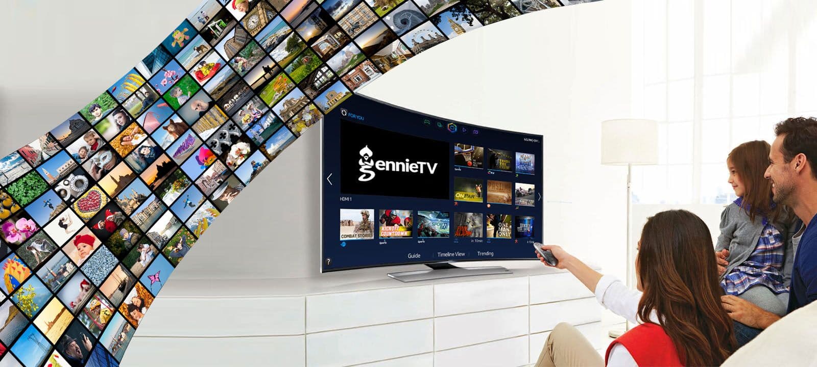 Family watching live TV on a Smart TV with OneIPTV — 150,000+ channels in 4K Ultra HD